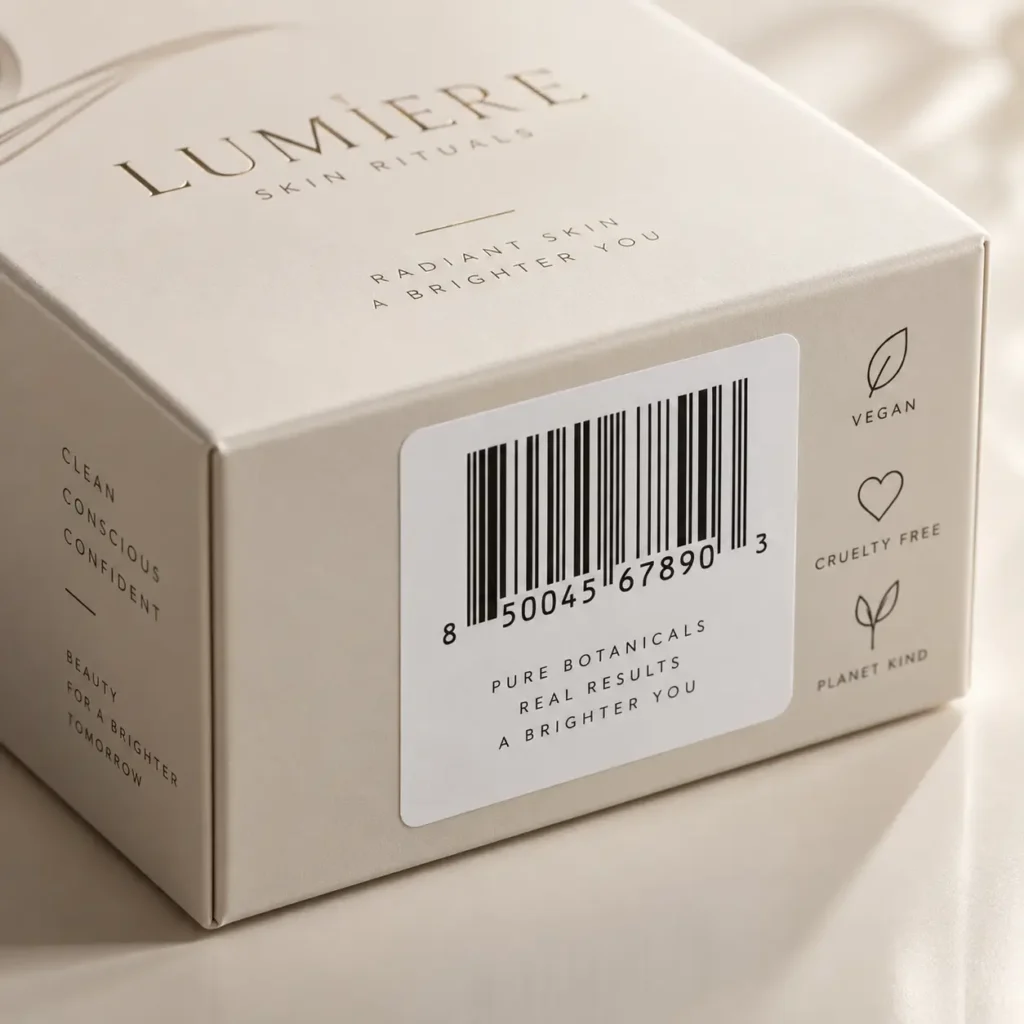 Lumiere Skin Rituals beige luxury skincare box with barcode label, vegan cruelty-free icons, clean beauty product packaging design