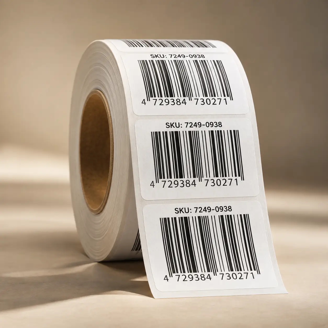 Roll of white barcode labels with SKU 7249-0938 printed in black, custom product stickers for retail packaging and inventory