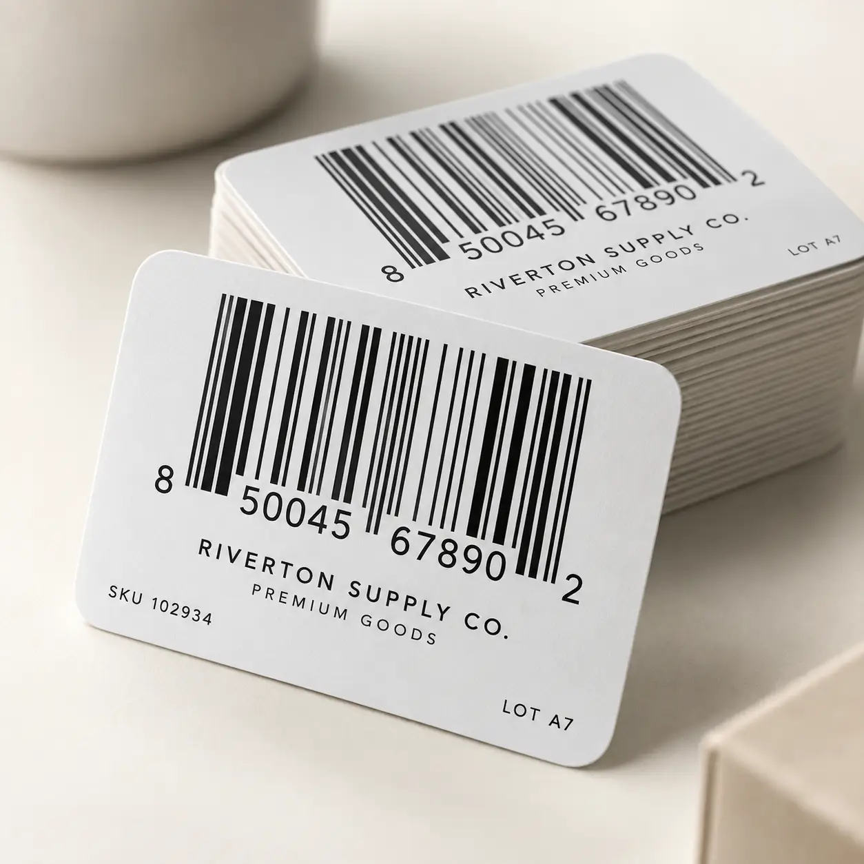 White barcode business cards for Riverton Supply Co stacked on neutral surface, minimalist premium product label design by The Packaging Masters