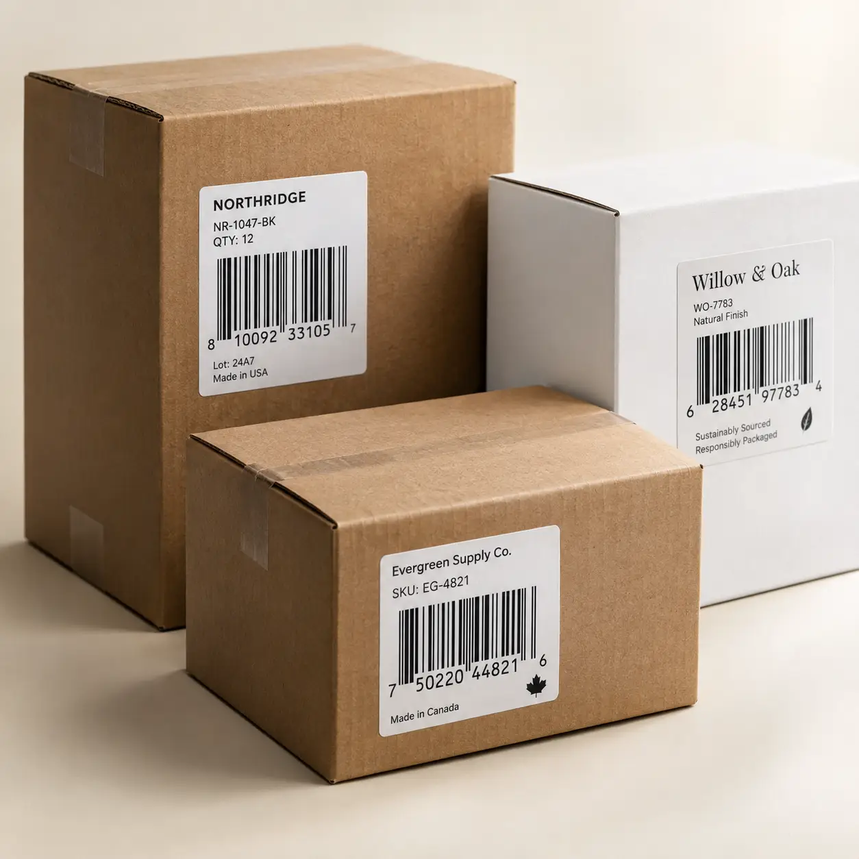 Three labeled cardboard shipping boxes with barcodes on beige background, custom product packaging labels for retail and wholesale