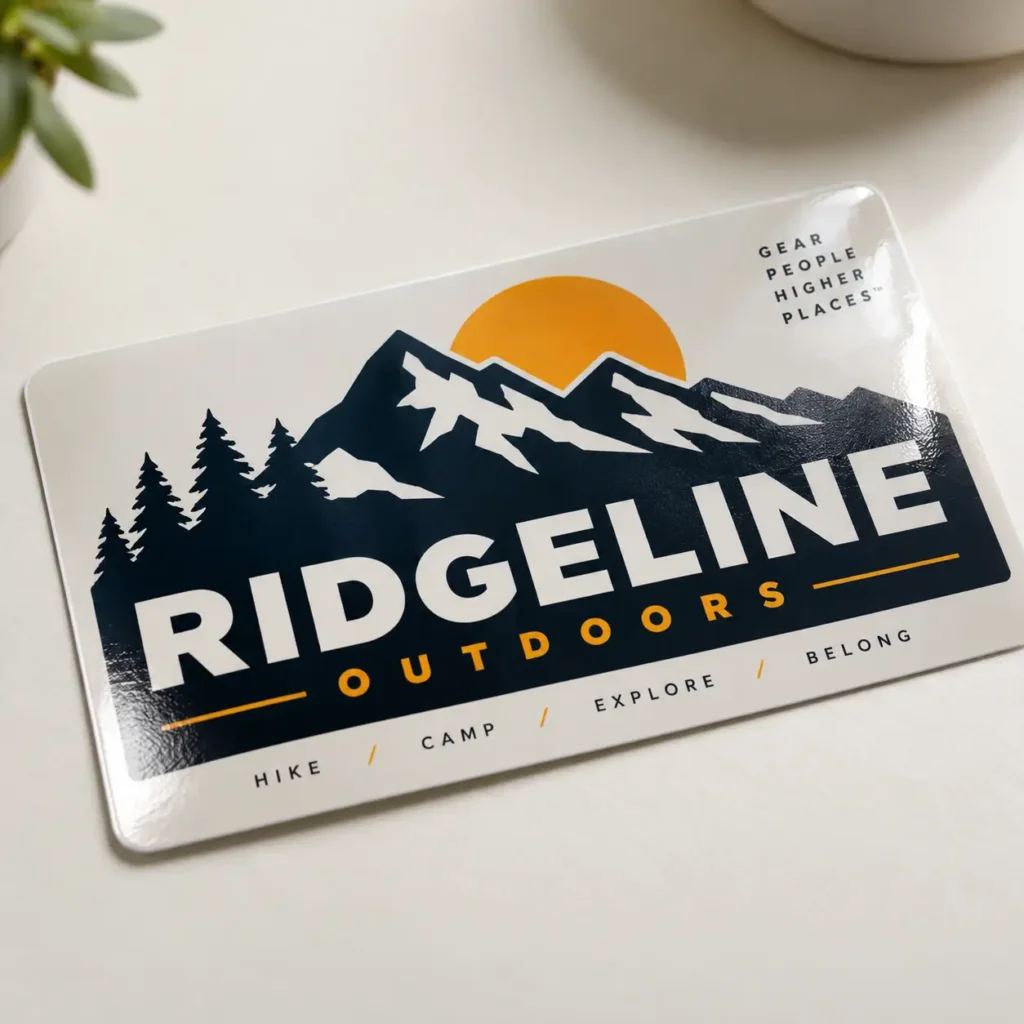 Ridgeline Outdoors glossy printed sticker card with navy mountain logo, gold sun, pine trees, on white surface