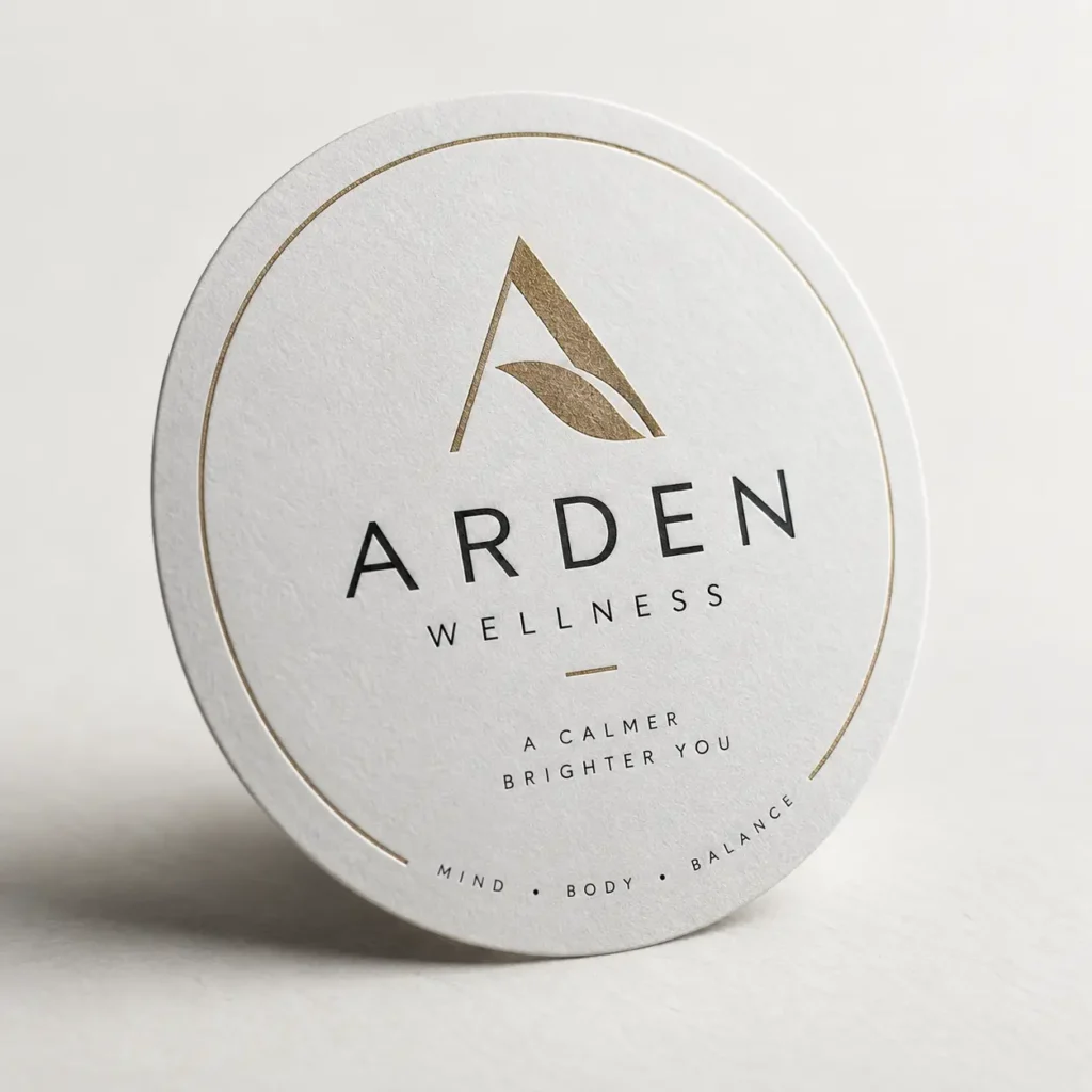 White circular luxury wellness packaging lid for Arden Wellness brand, gold foil logo, embossed premium product design, minimalist