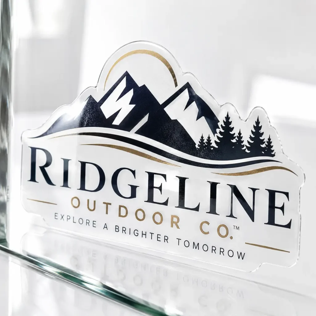 Ridgeline Outdoor Co die-cut sticker on glass, navy mountain landscape, gold accents, explore a brighter tomorrow tagline