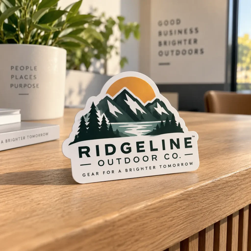 Ridgeline Outdoor Co. die-cut sticker with mountain lake scene, pine trees, golden sun, dark green logo on wood desk