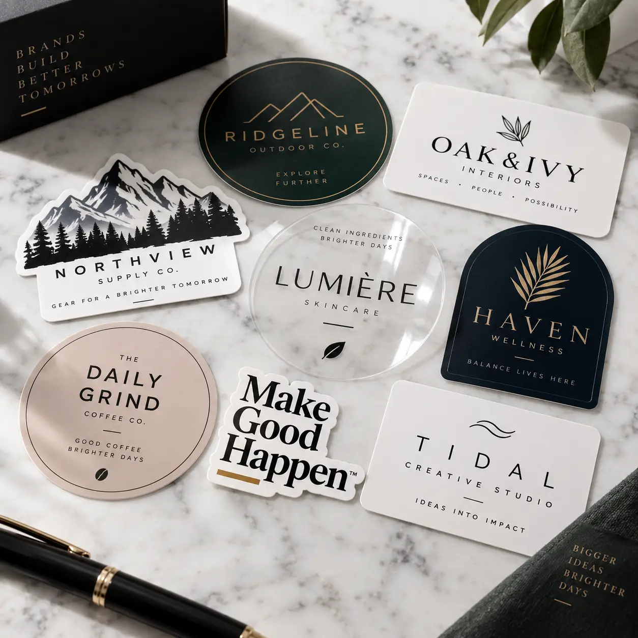 Custom brand stickers and logo labels in black, gold, and white arranged on marble surface for premium packaging design
