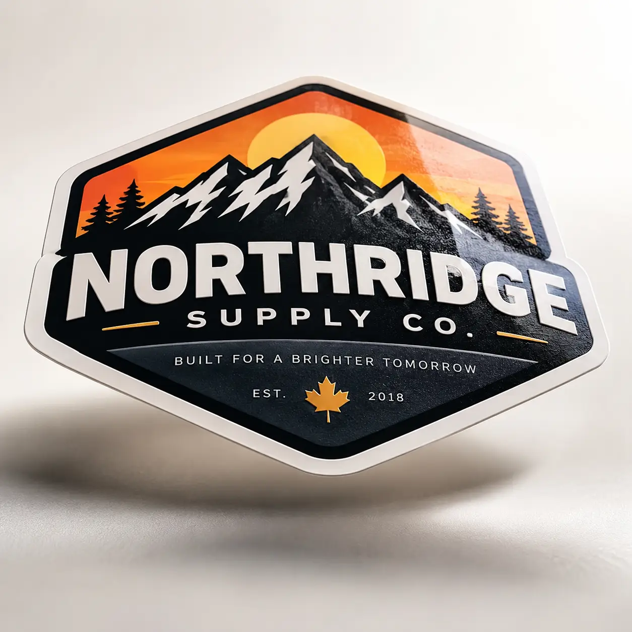 Northridge Supply Co. hexagonal sticker badge featuring snowy mountains, orange sunset, pine trees, Canadian maple leaf, est. 2018
