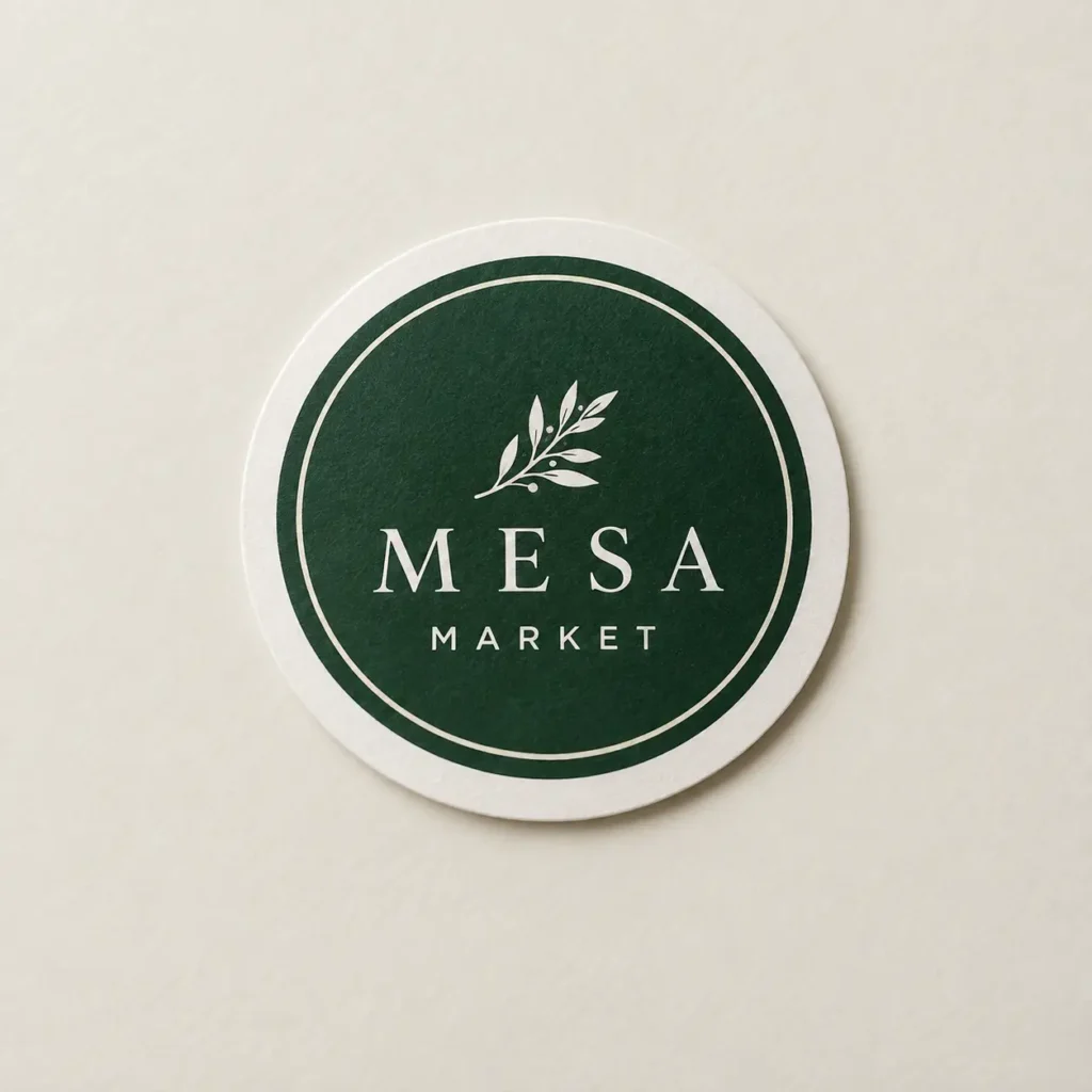 Round dark green Mesa Market logo sticker with white botanical leaf design, elegant serif typography, on cream background