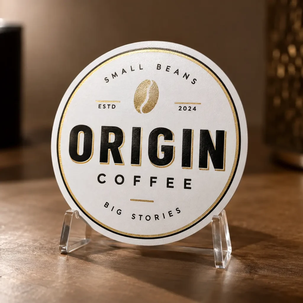 Round white coffee coaster with gold foil bean logo, Origin Coffee brand, black bold typography, displayed on acrylic stand, luxury packaging design