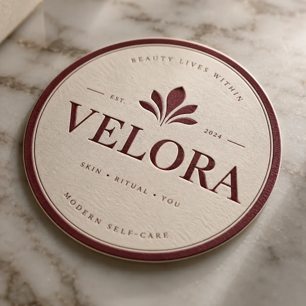 Velora skincare brand logo on cream circular coaster, burgundy debossed text, marble surface, luxury modern self-care packaging design