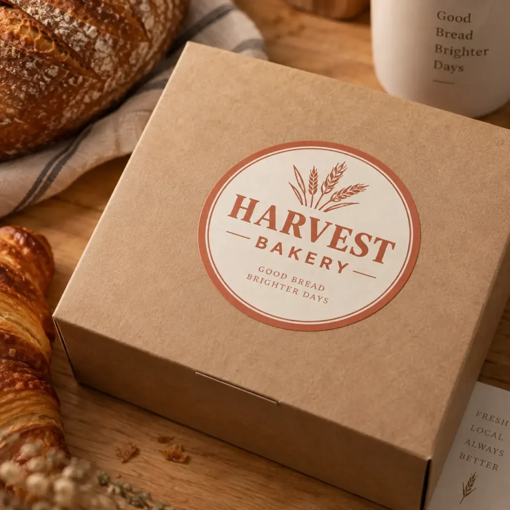 Kraft bakery packaging box with circular terracotta Harvest Bakery logo sticker, surrounded by artisan bread and croissants on wood