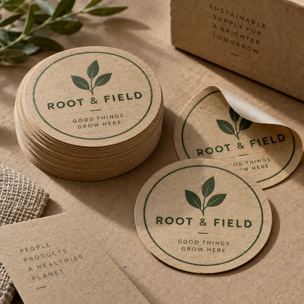 Kraft paper round stickers for Root & Field brand with green leaf logo, stacked beside eco-friendly box, sustainable packaging design