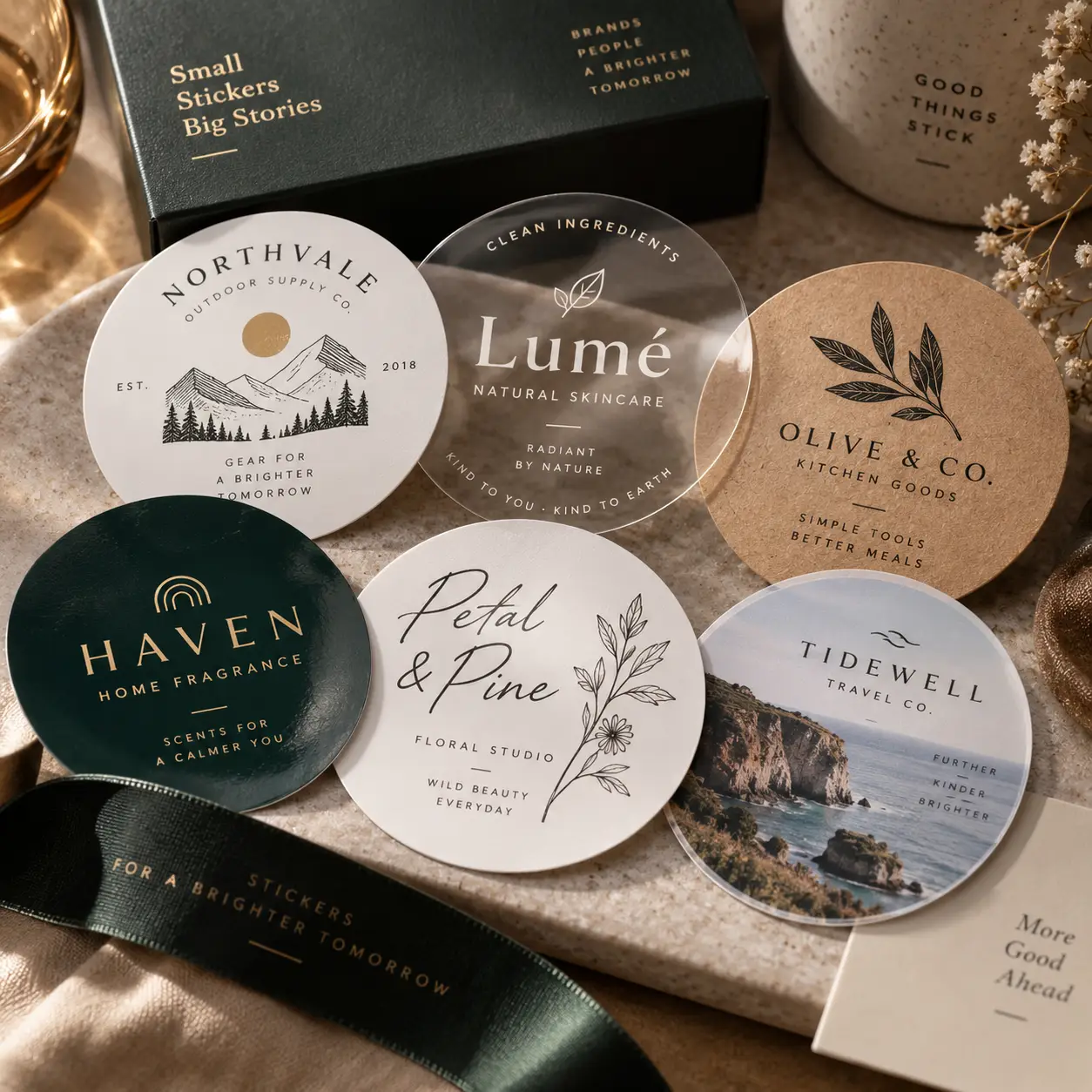 Six premium round custom stickers for brands on marble surface, featuring dark green, kraft, clear, and white label designs