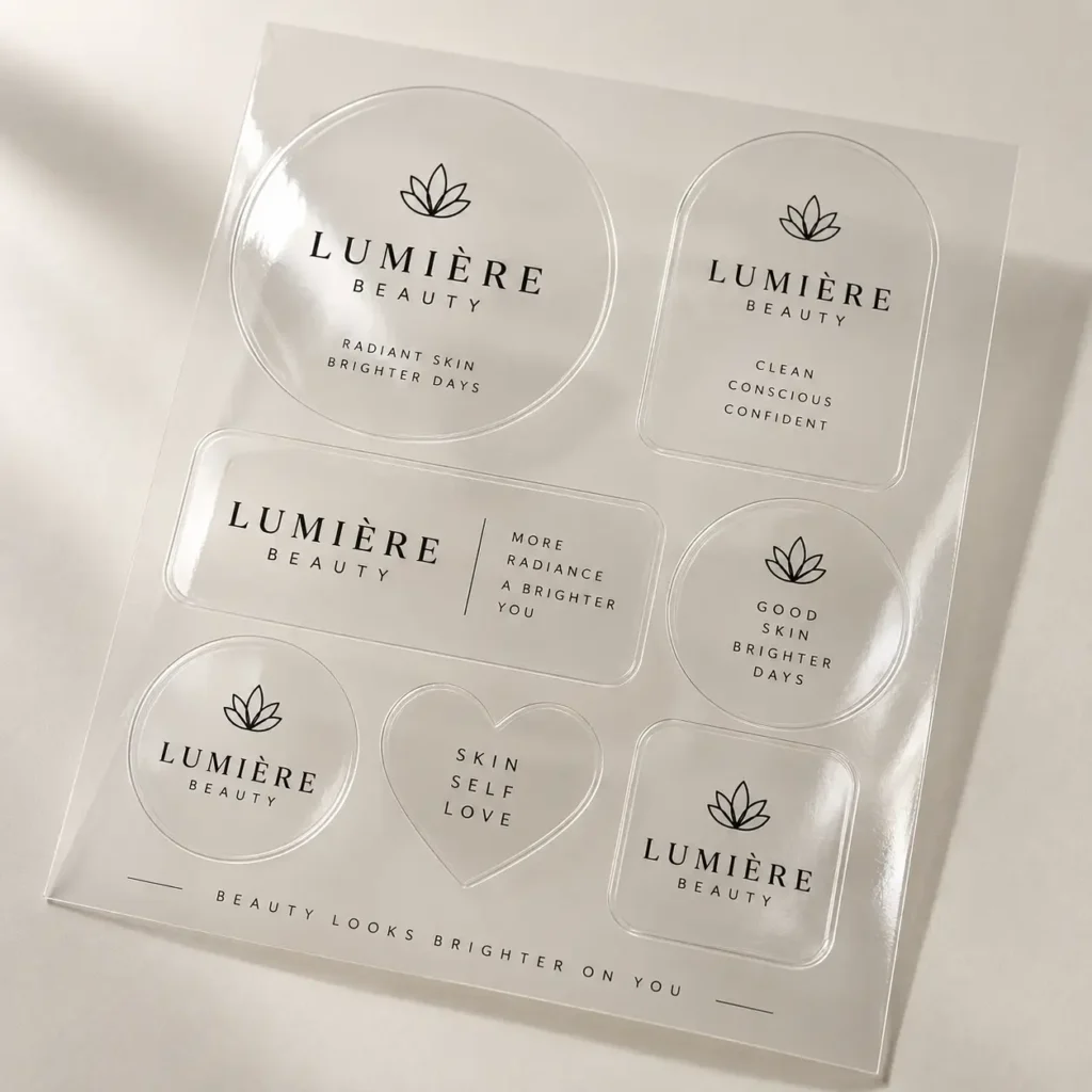 Clear transparent custom sticker sheet featuring Lumière Beauty brand labels in elegant black minimalist design on white background