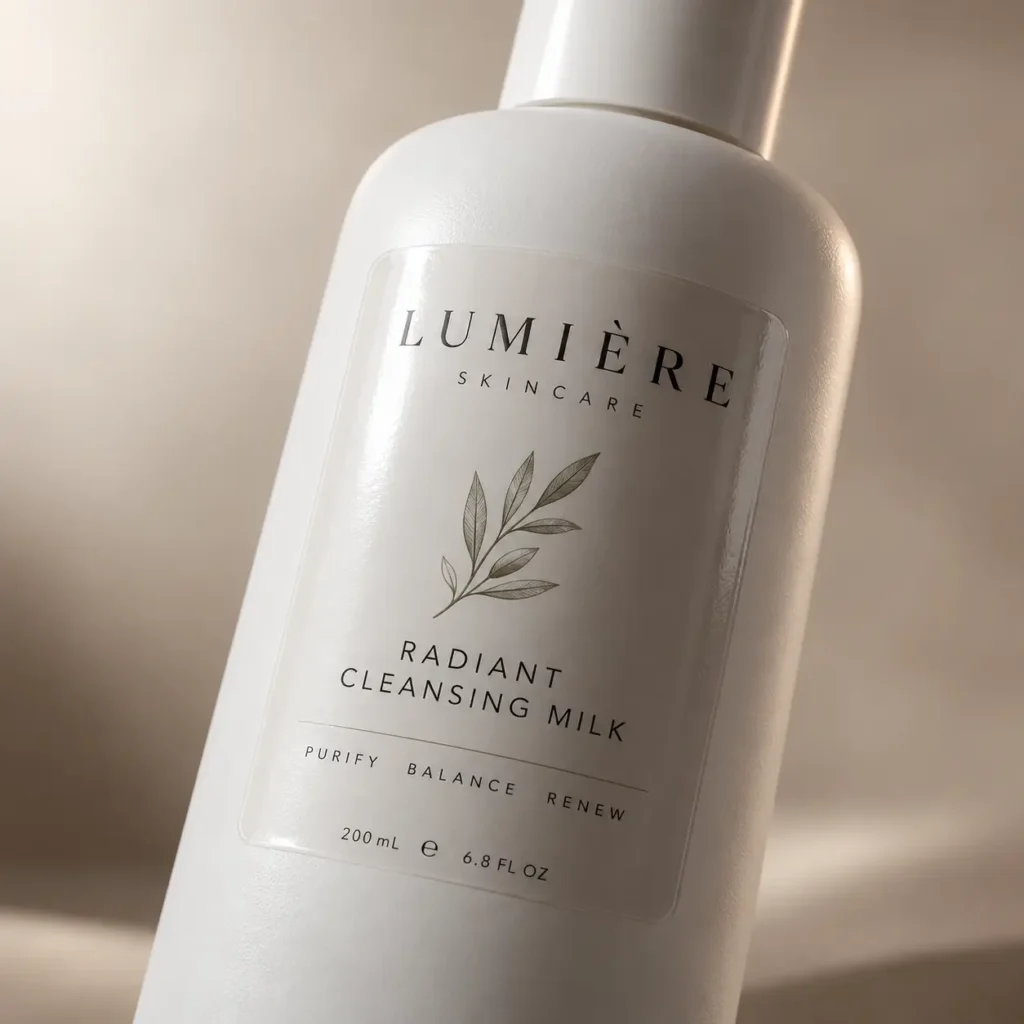 White pump bottle of Lumière Skincare Radiant Cleansing Milk with minimalist label design, botanical illustration, luxury cosmetic packaging