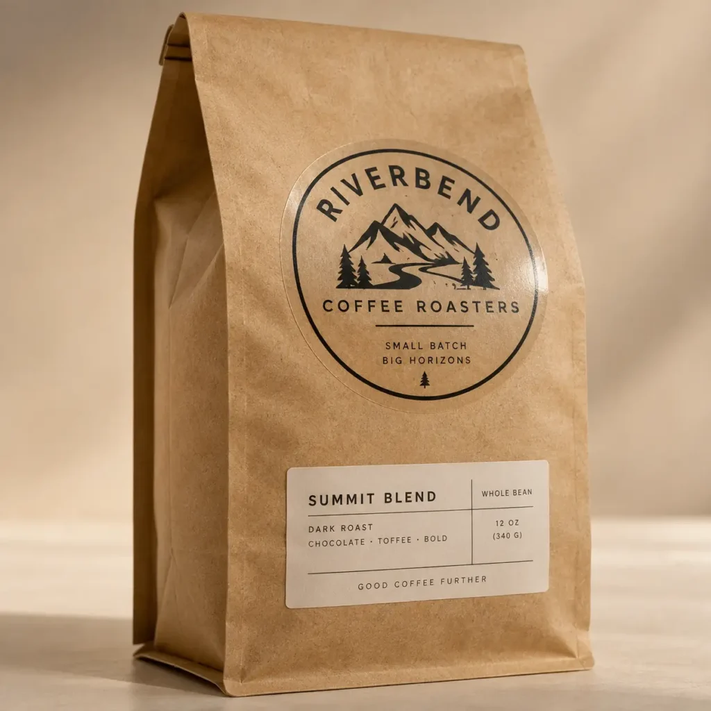 Kraft paper coffee bag with circular mountain logo, Riverbend Coffee Roasters Summit Blend dark roast, 12oz whole bean packaging design