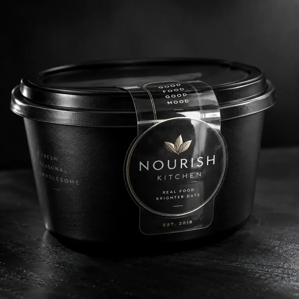 Black premium food container with Nourish Kitchen circular label, gold leaf logo, elegant packaging design on dark background