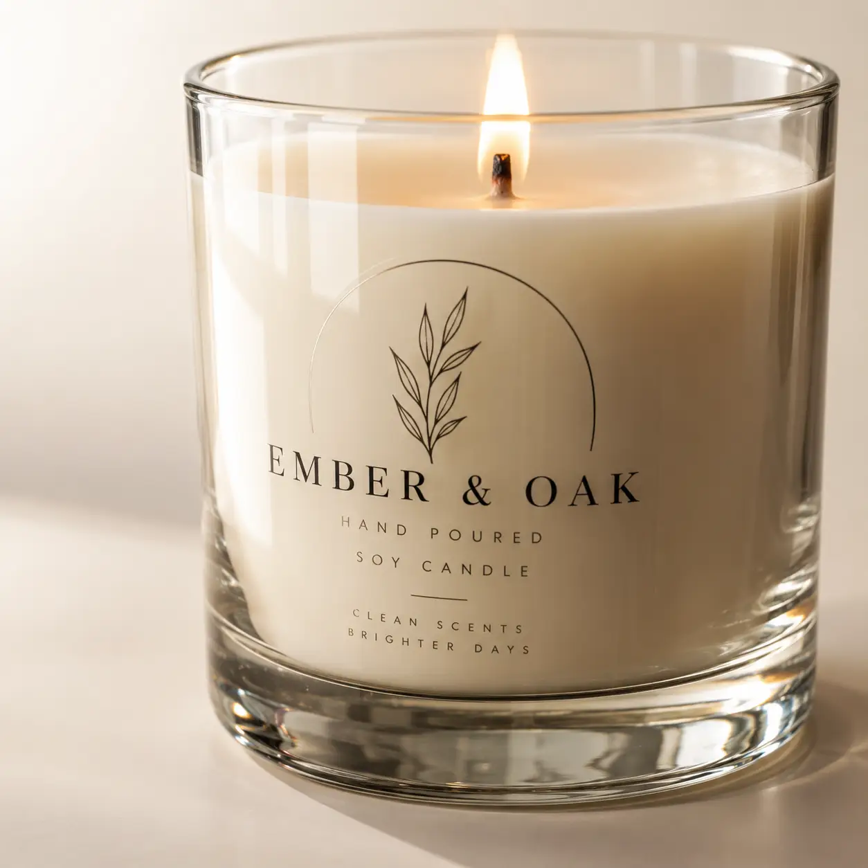 Ember & Oak hand poured soy candle in clear glass jar with lit flame, minimalist botanical label, warm neutral tones
