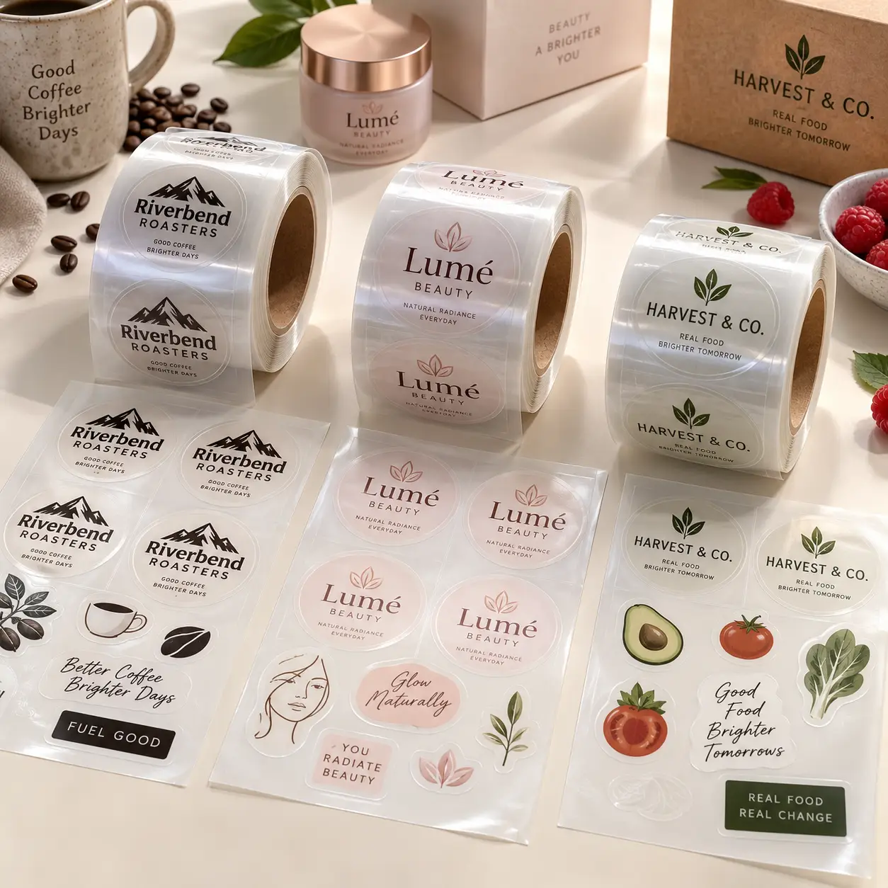 Three rolls of custom clear sticker labels for Riverbend Roasters, Lumé Beauty, and Harvest & Co. brands on white surface