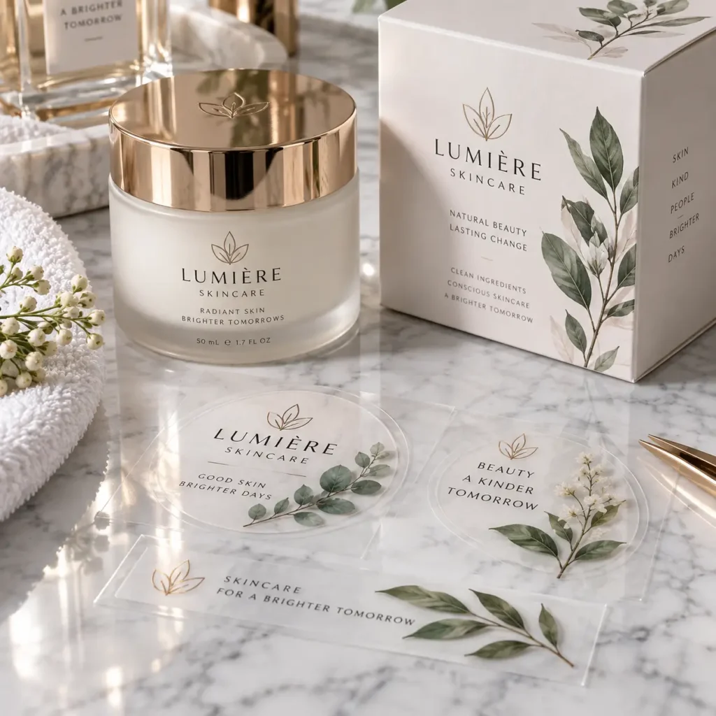 Lumière Skincare luxury cream jar with gold lid, white botanical packaging box, and transparent label stickers on marble surface