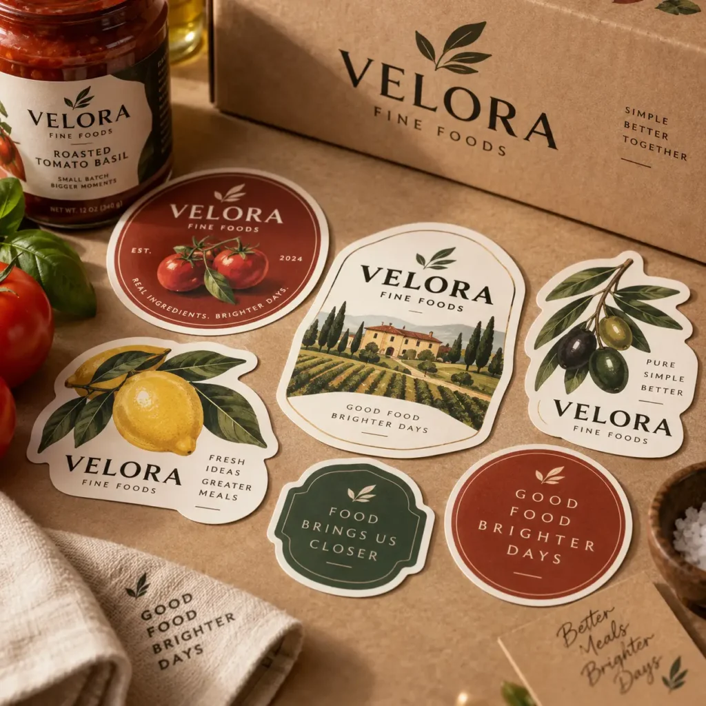 Velora Fine Foods branded packaging stickers, kraft box, tomato basil jar, lemon and olive labels, rustic Italian food branding design