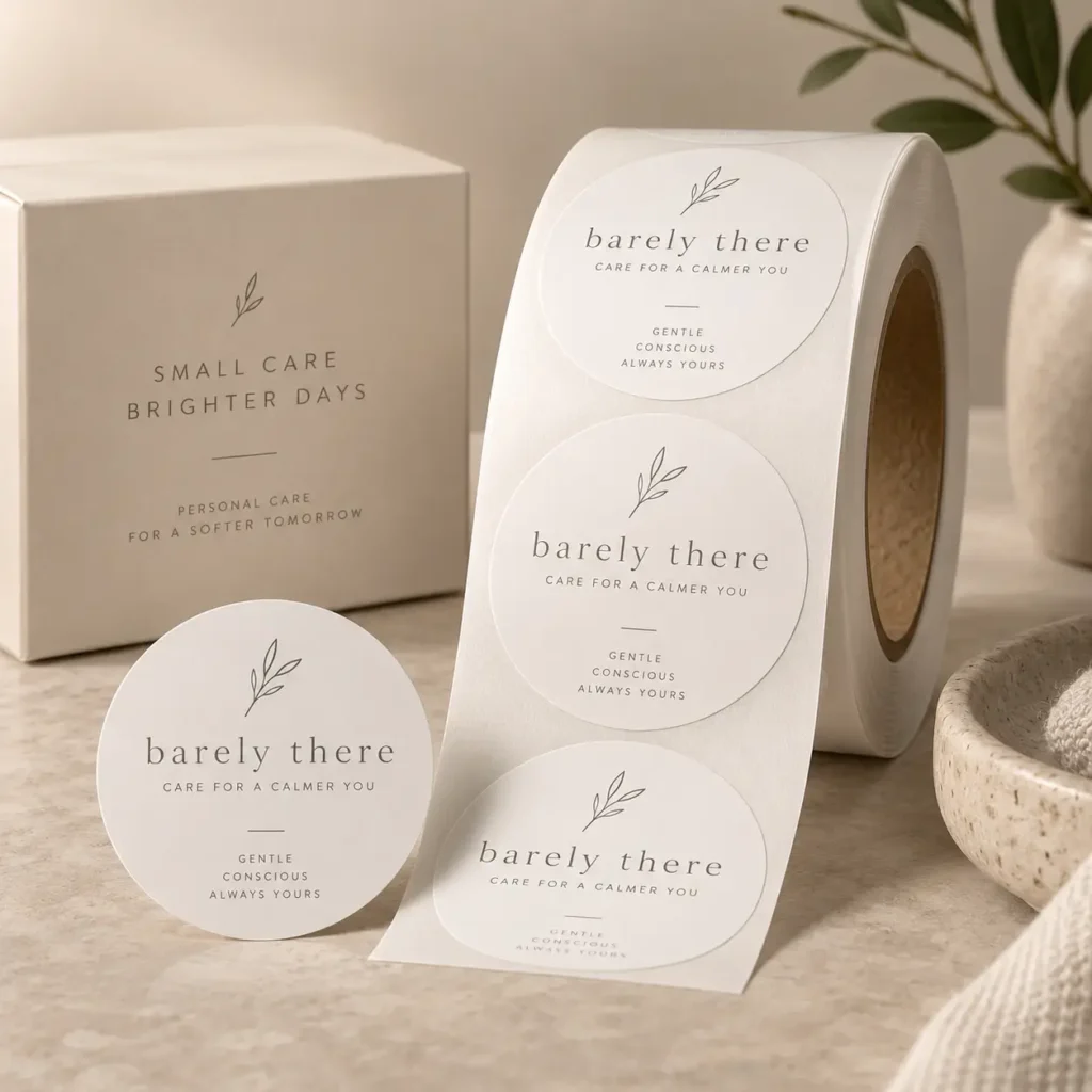 Minimalist white round sticker labels roll for barely there personal care brand with botanical leaf design on beige background