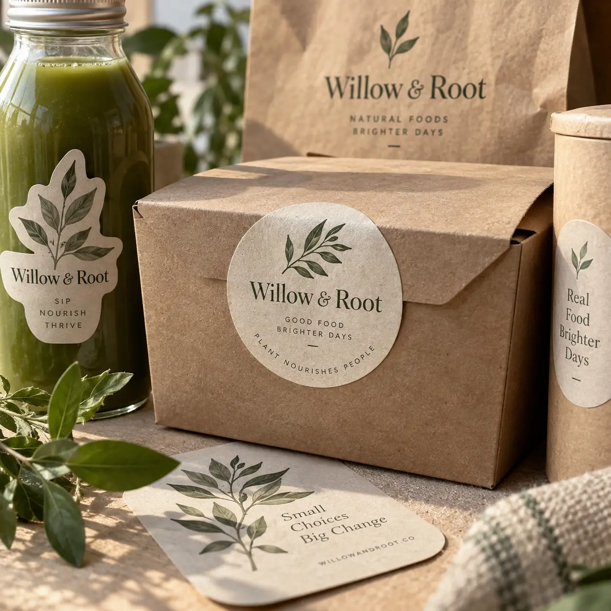 Willow & Root natural food brand kraft paper eco packaging with green juice bottle, round sticker label, and botanical design
