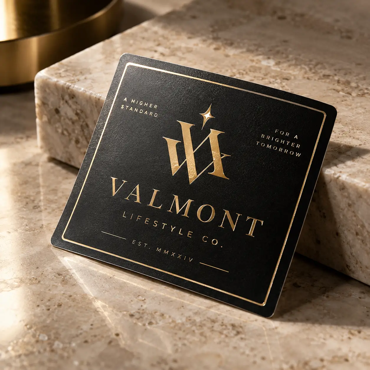 Luxury black and gold square business card for Valmont Lifestyle Co. leaning on marble surface with premium foil branding