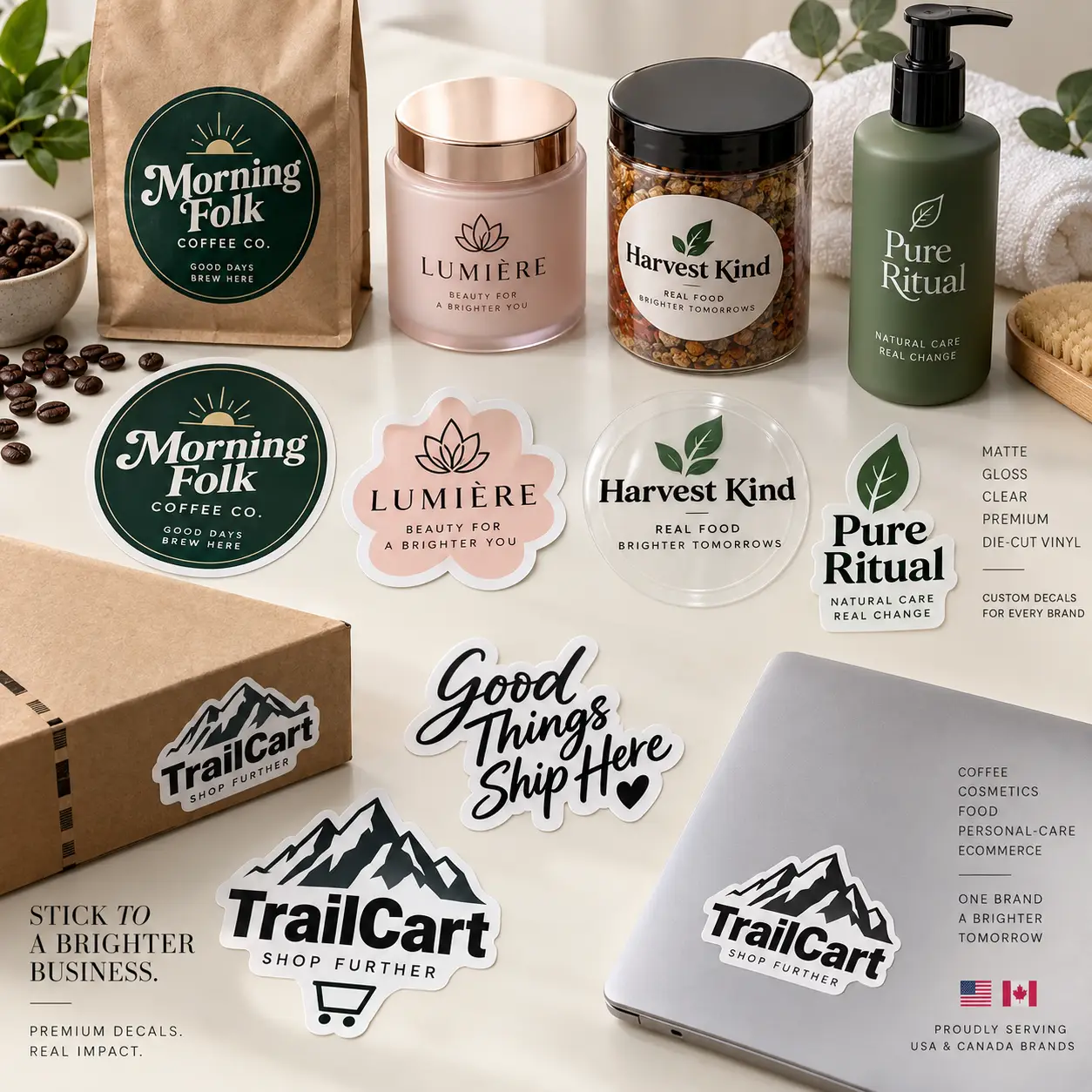 Custom vinyl decals and product labels for coffee, cosmetics, food brands displayed on packaging, bottles, and laptop — matte, gloss, clear finishes
