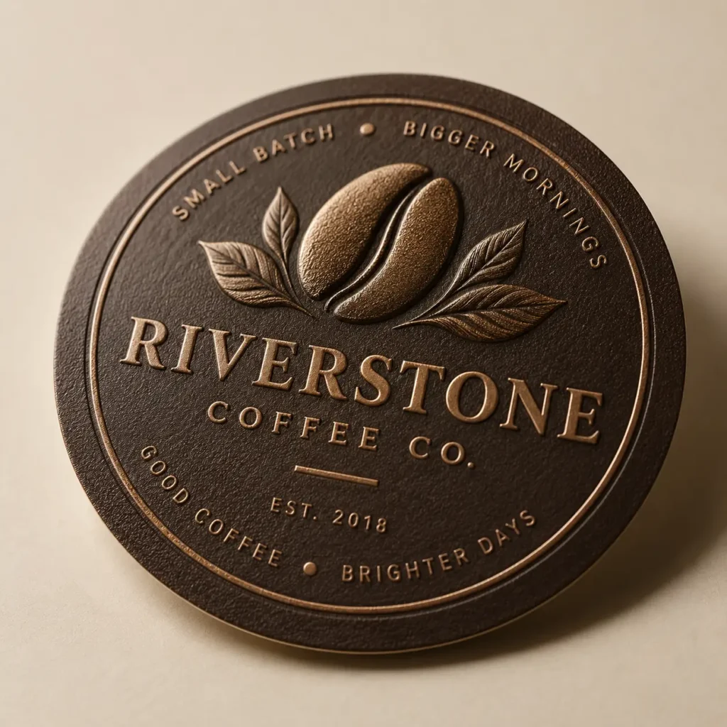 Dark brown embossed circular coffee coaster logo for Riverstone Coffee Co. Est. 2018, bronze raised lettering, coffee bean design