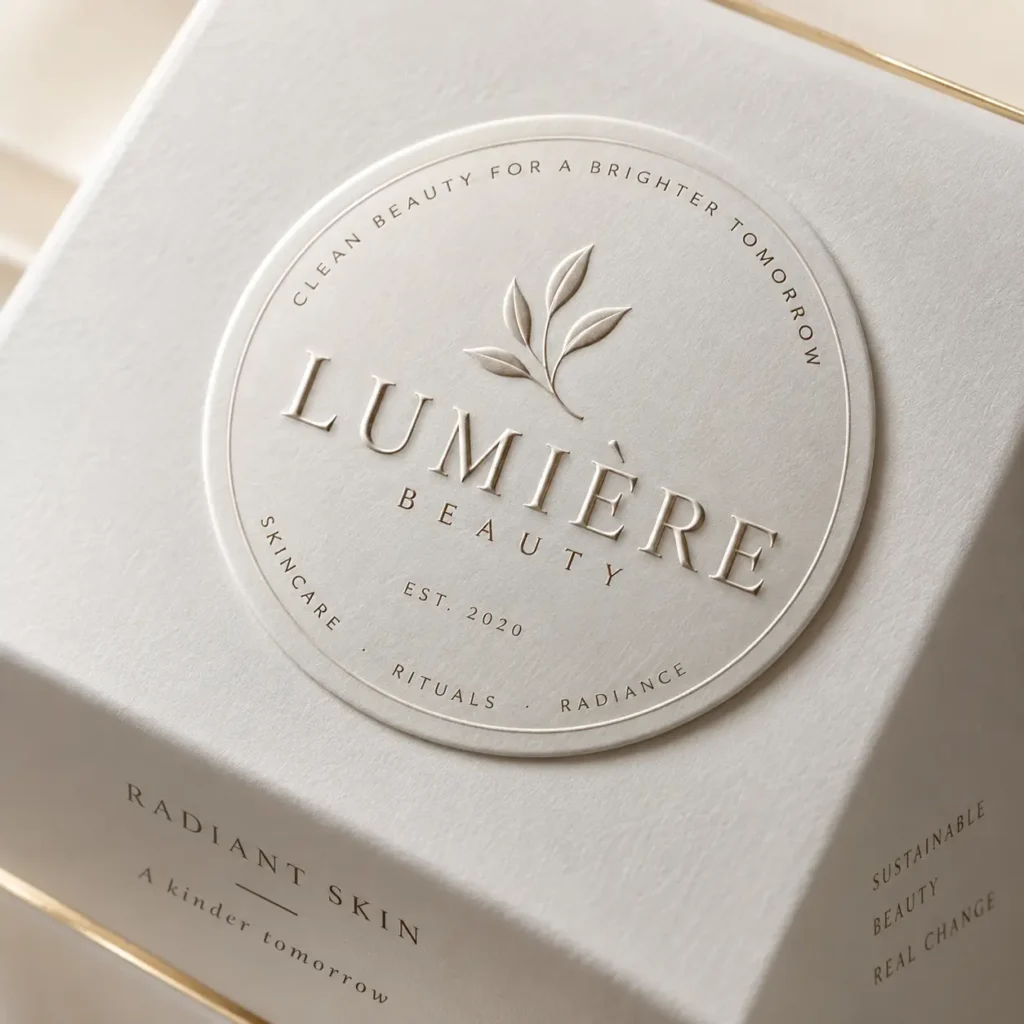 Lumière Beauty luxury skincare packaging, embossed cream white box with gold trim, elegant circular logo seal, clean beauty branding