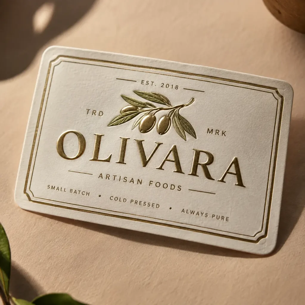 Embossed gold foil business card for Olivara Artisan Foods on cream paper, olive branch logo, luxury food brand packaging design