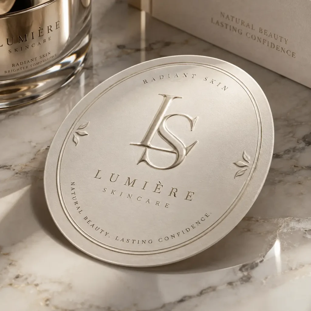Lumière Skincare luxury embossed round lid with LS monogram logo on marble surface, cream gold tones, premium cosmetic packaging design
