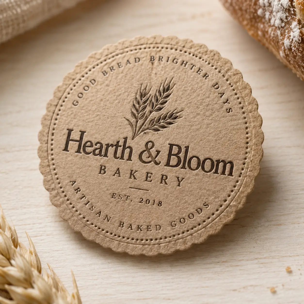 Kraft paper scalloped bakery label for Hearth & Bloom Bakery EST. 2018 with wheat illustration on rustic wooden surface
