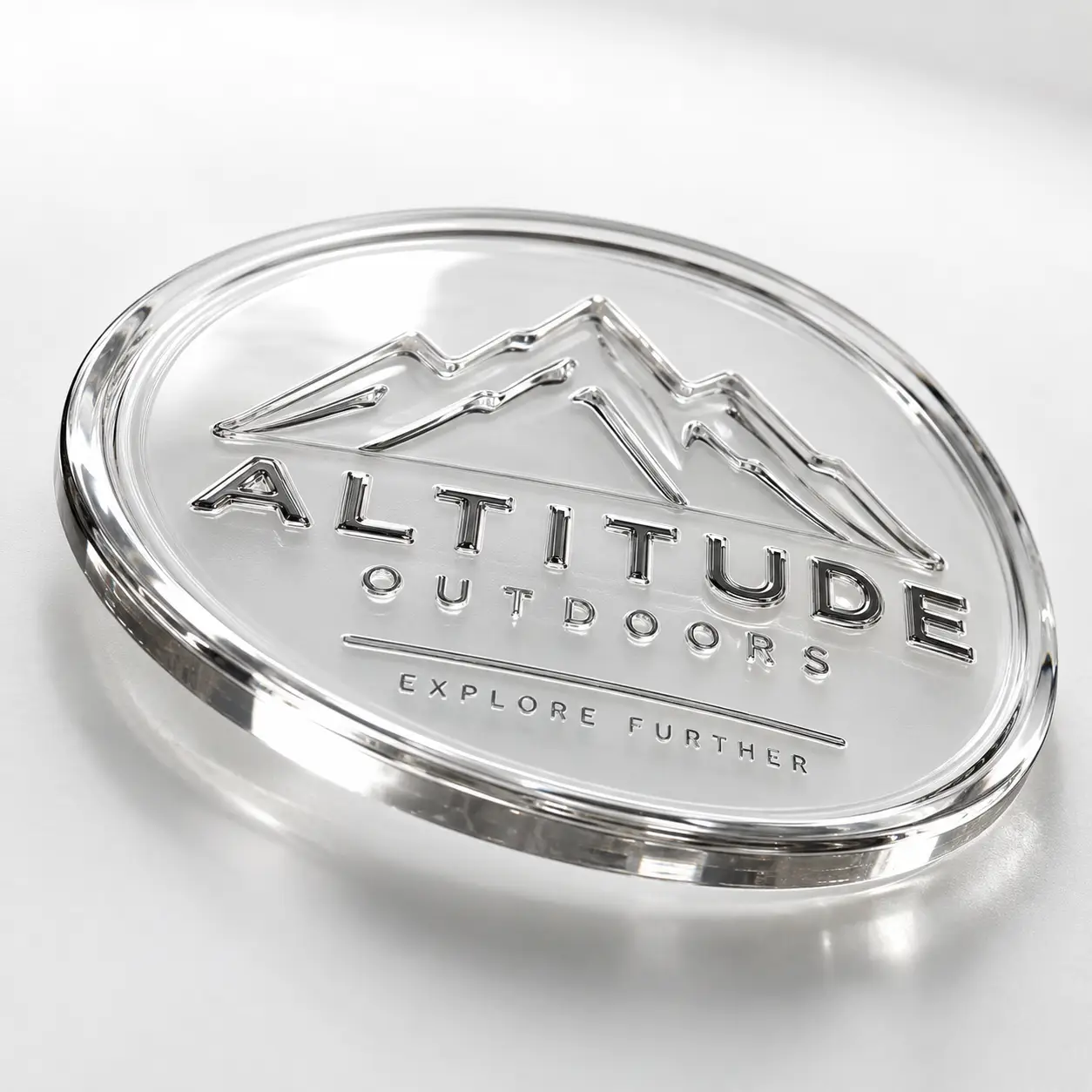 Silver 3D embossed oval badge logo for Altitude Outdoors on clear acrylic, mountain graphic, Explore Further tagline