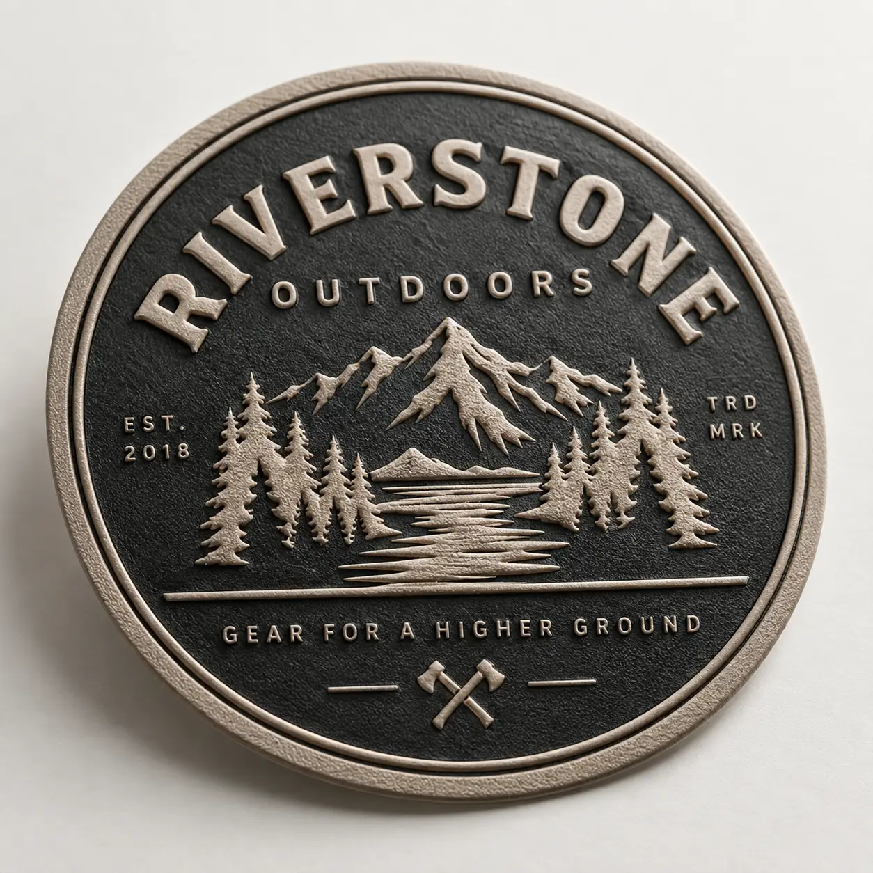 Dark embossed coin badge for Riverstone Outdoors, featuring mountains, pine trees, and crossed axes on black metal, EST. 2018