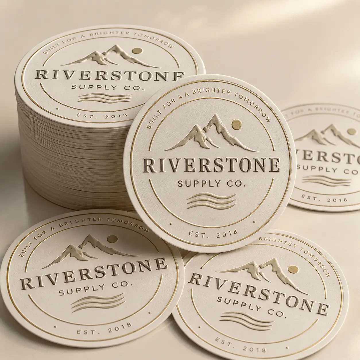 Cream letterpress round coasters for Riverstone Supply Co. EST. 2018, embossed mountain logo, gold foil border, stacked bulk printing