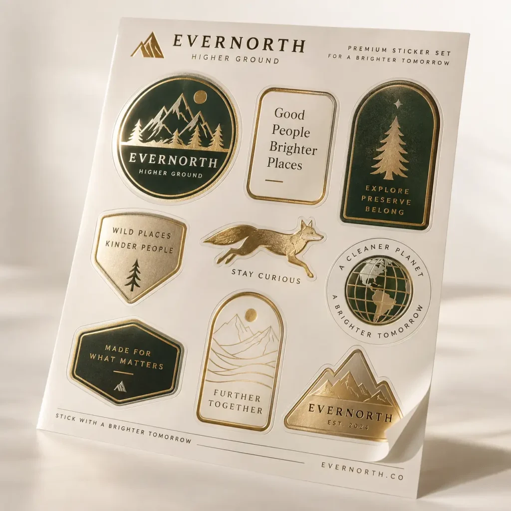Evernorth Higher Ground premium gold foil sticker sheet set with mountain, fox, and nature designs on white backing