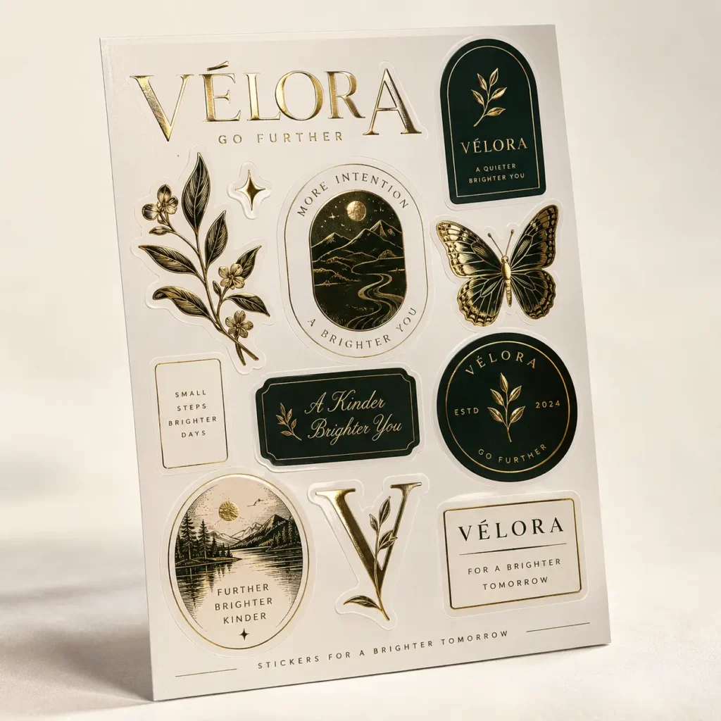 Vélora gold foil luxury sticker sheet with botanical butterfly and mountain designs on white backing card