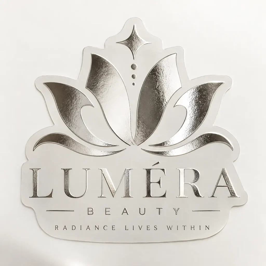 Silver foil lotus flower logo for Lumera Beauty brand with tagline Radiance Lives Within on white custom sticker packaging
