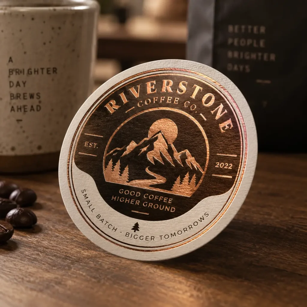 Riverstone Coffee Co. copper foil round coaster packaging EST. 2022, mountain logo, small batch branding on wood surface