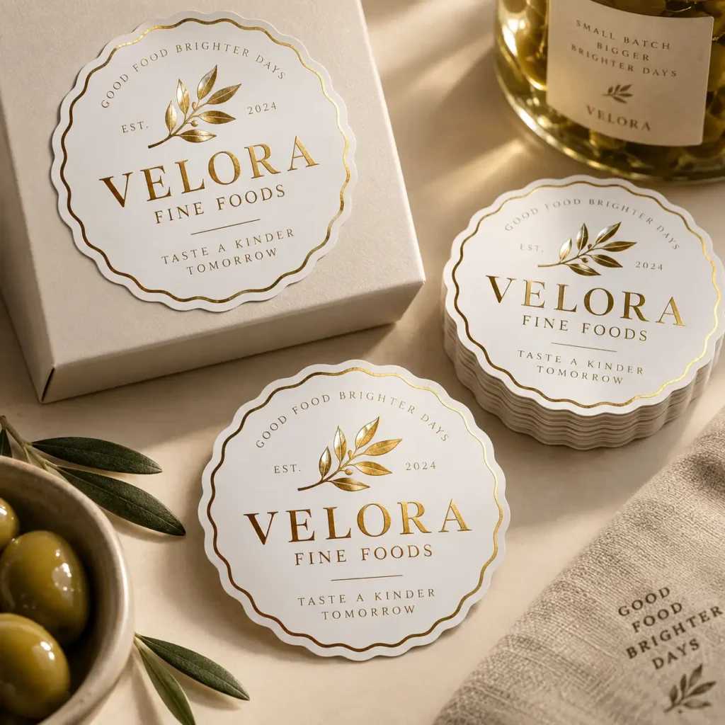 Velora Fine Foods gold foil scalloped round stickers on white gift box beside olive oil bottle and fresh olives, luxury food packaging design