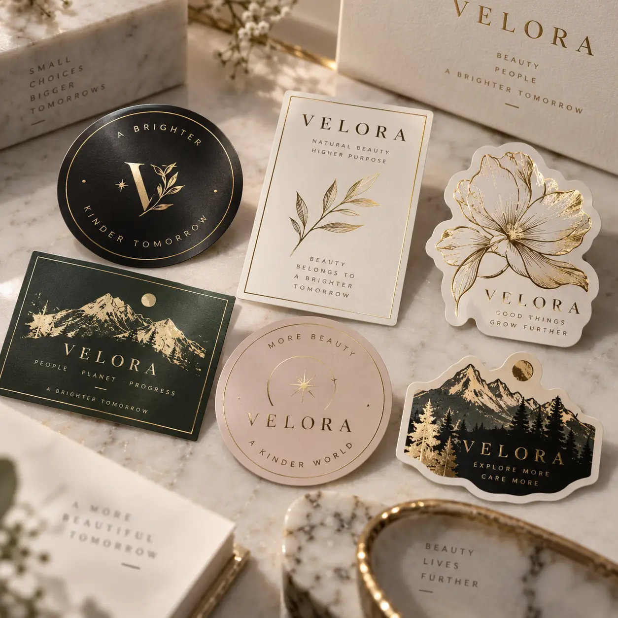 Velora luxury brand stickers and packaging on marble surface featuring gold foil botanical, mountain, and floral designs in black, cream, and blush