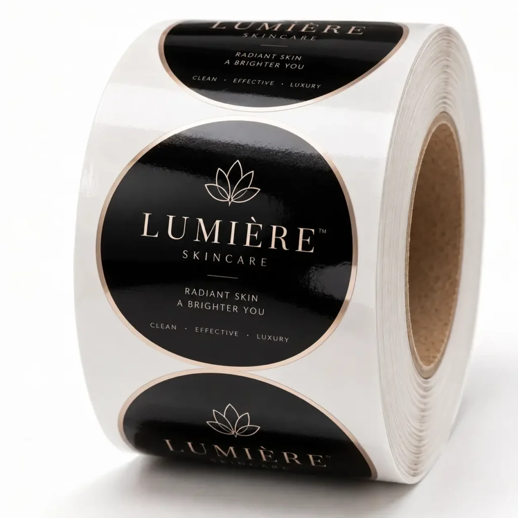 Black luxury skincare sticker roll featuring Lumière Skincare logo in rose gold, custom round labels for beauty branding