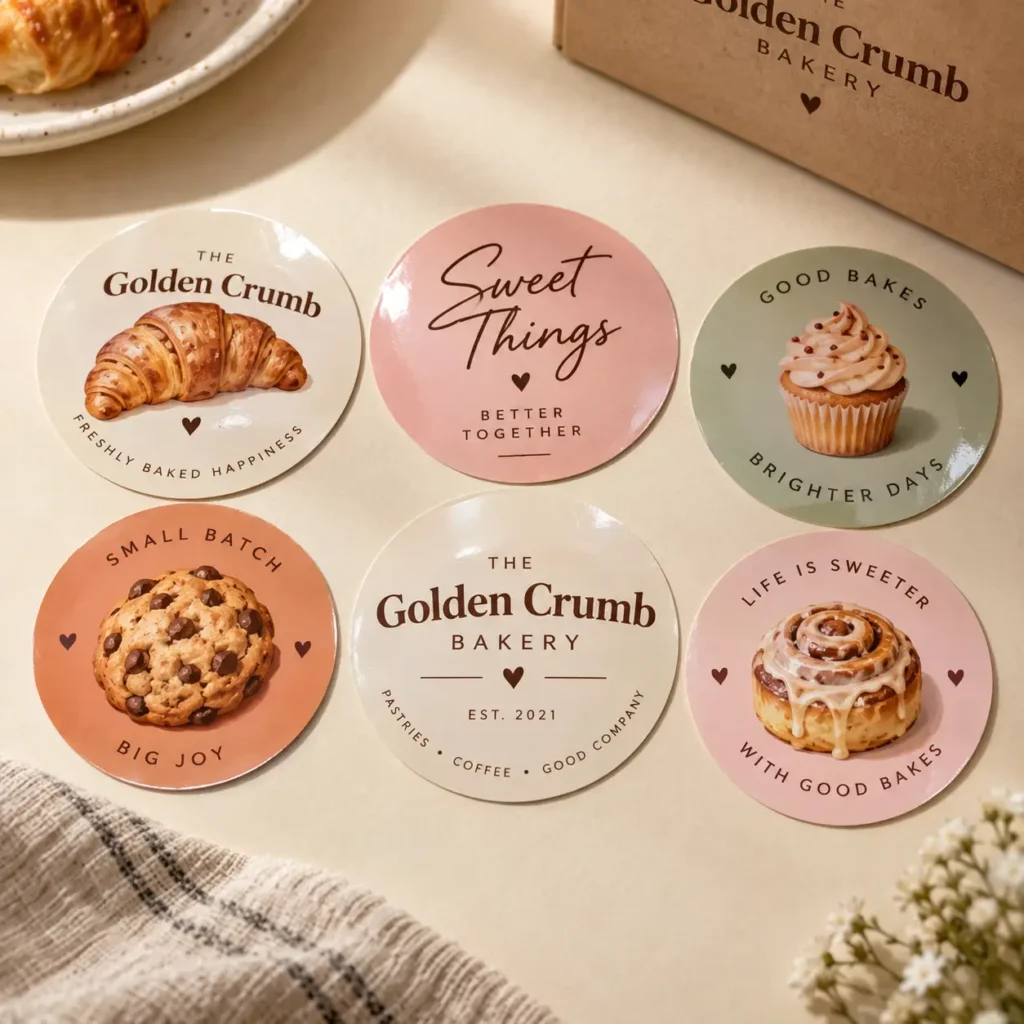 Six round bakery stickers for Golden Crumb Bakery featuring croissant, cupcake, cookie, cinnamon roll in pink, sage, peach tones