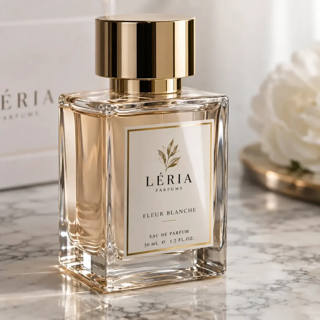Léria Parfums Fleur Blanche 50ml eau de parfum in clear glass bottle with gold cap on white marble surface