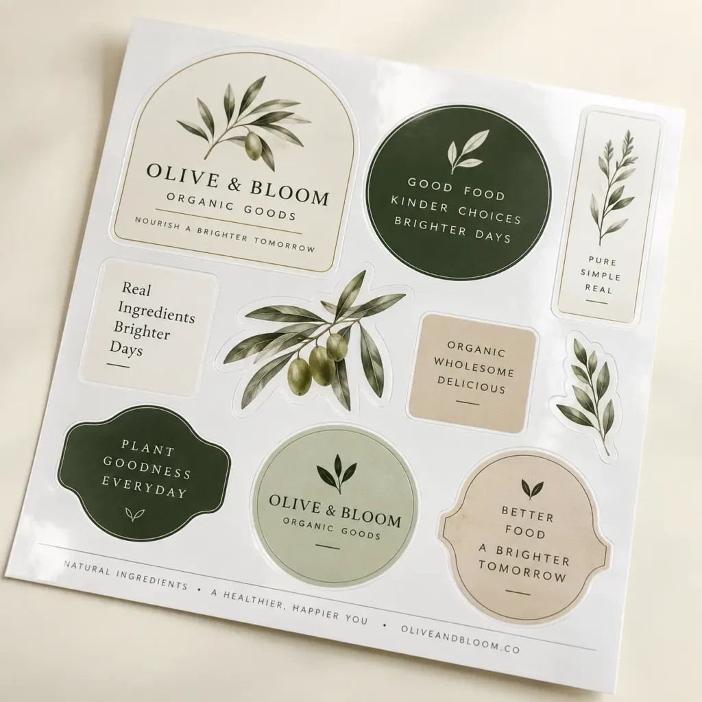 Olive & Bloom organic goods sticker sheet with green botanical labels, olive branch illustrations, and earthy tones on white backing