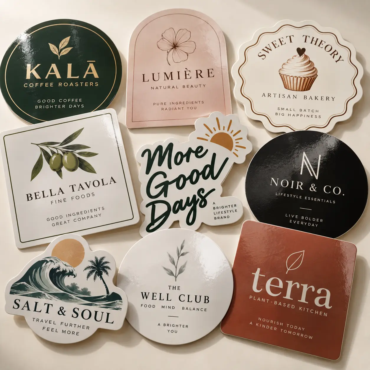 Custom die-cut sticker collection featuring branded logos in green, pink, black and terracotta for small businesses and packaging