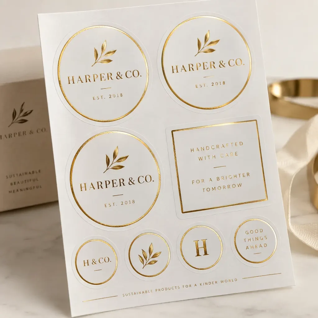 Gold foil white custom brand stickers sheet featuring Harper & Co. logo, botanical leaf design, elegant luxury packaging labels