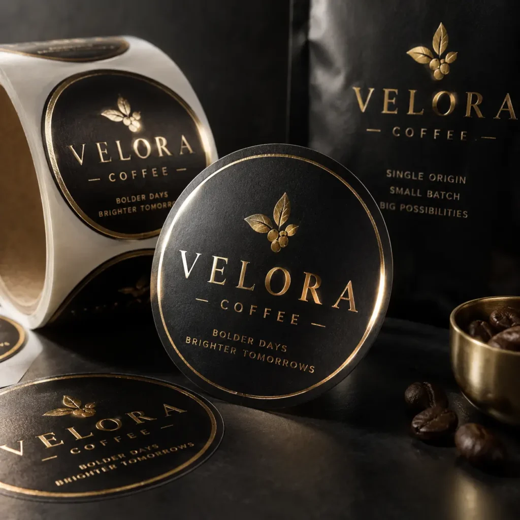 Velora Coffee luxury black and gold round sticker labels with coffee bean logo, bold packaging design, dark moody aesthetic