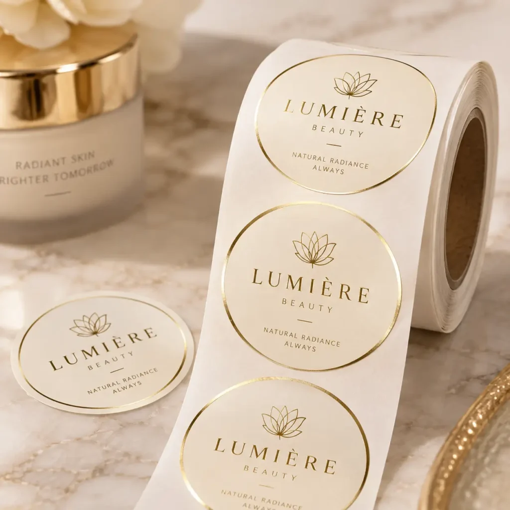 Gold foil luxury beauty stickers roll featuring Lumière Beauty lotus logo on cream white labels for product packaging
